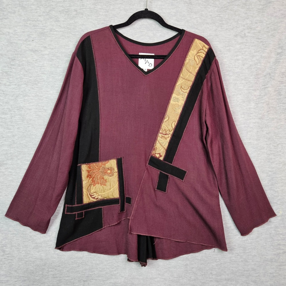 Xiao Women Burgundy Purple Colorblock Art to Wear Tunic Top V-Neck Size S USA